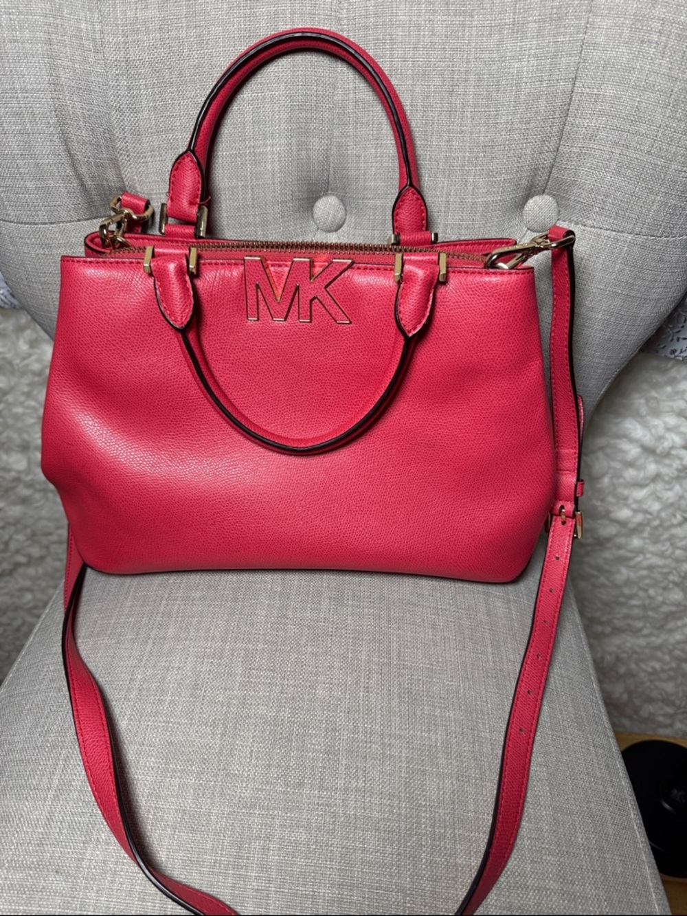 Michael Kors Coral Pink Leather Satchel with Gold MK Logo